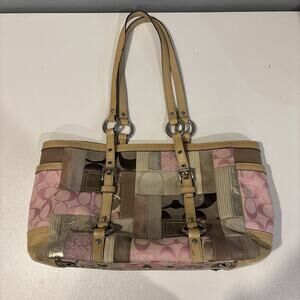 Coach Patchwork Pink Shoulder Bag Tote Canvas Leather Suede